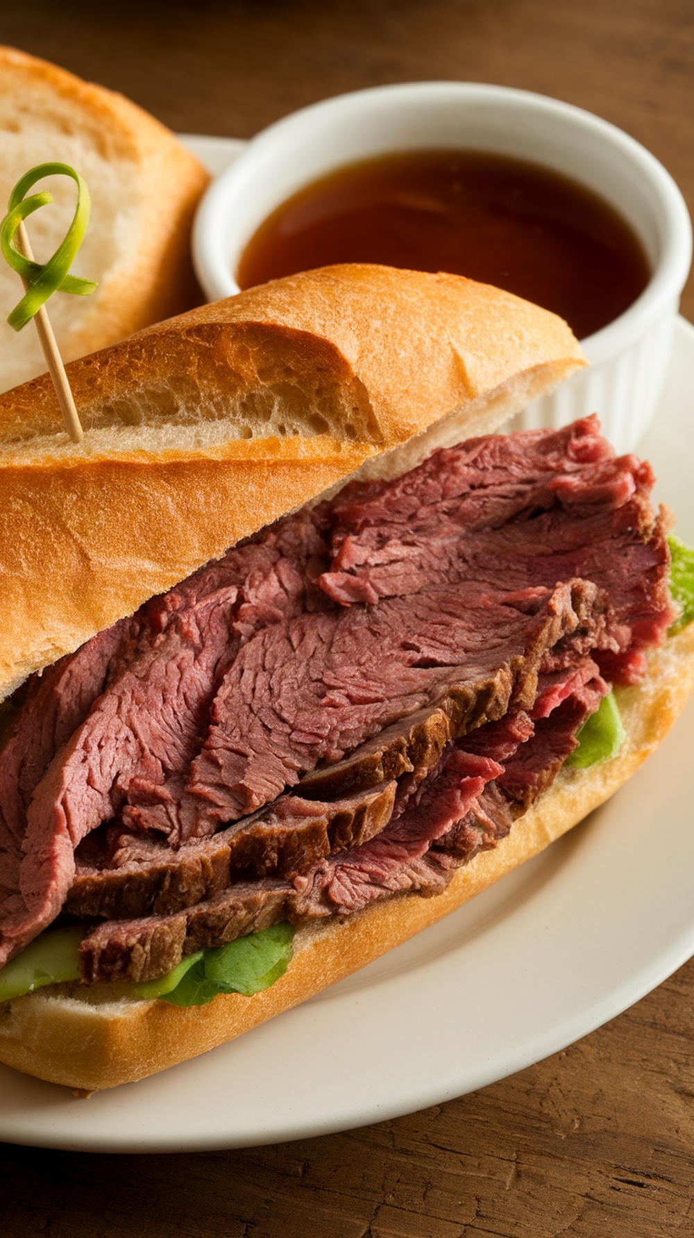 A French Dip sandwich with roast beef served with a side of au jus.
