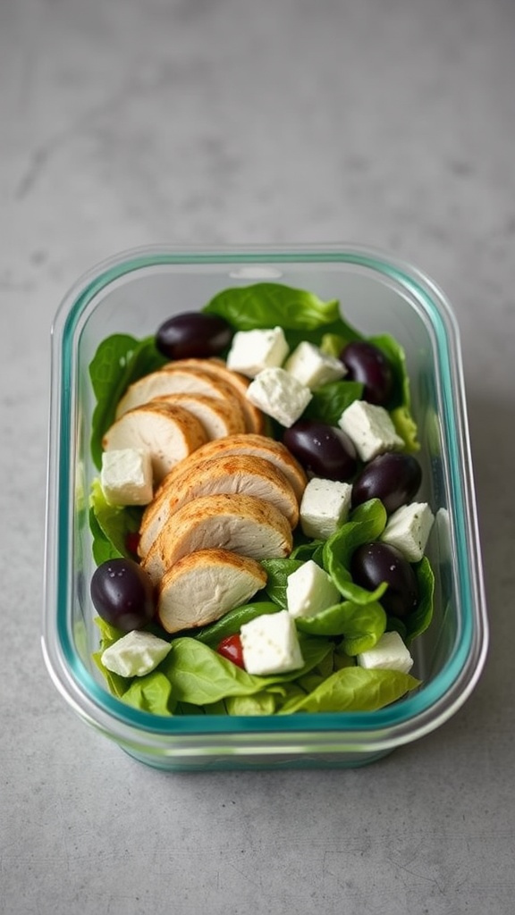 A Greek salad with grilled chicken, feta cheese, and olives in a glass meal prep container.