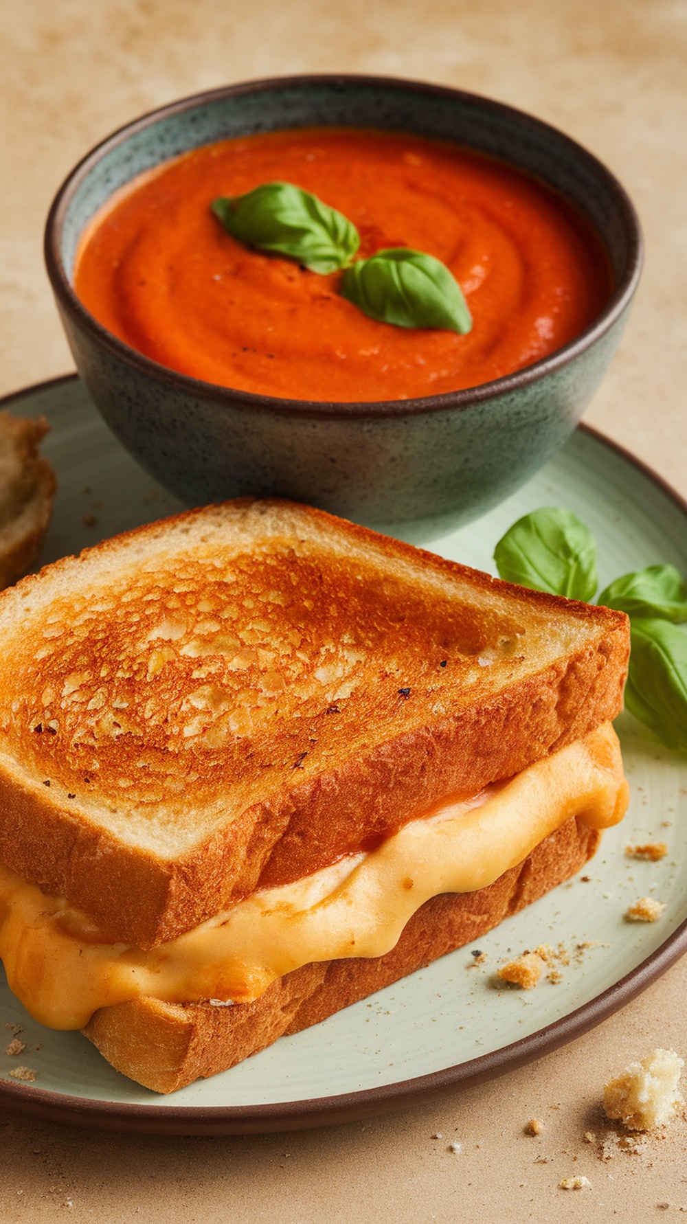 A grilled cheese sandwich next to a bowl of tomato soup with basil leaves on top.