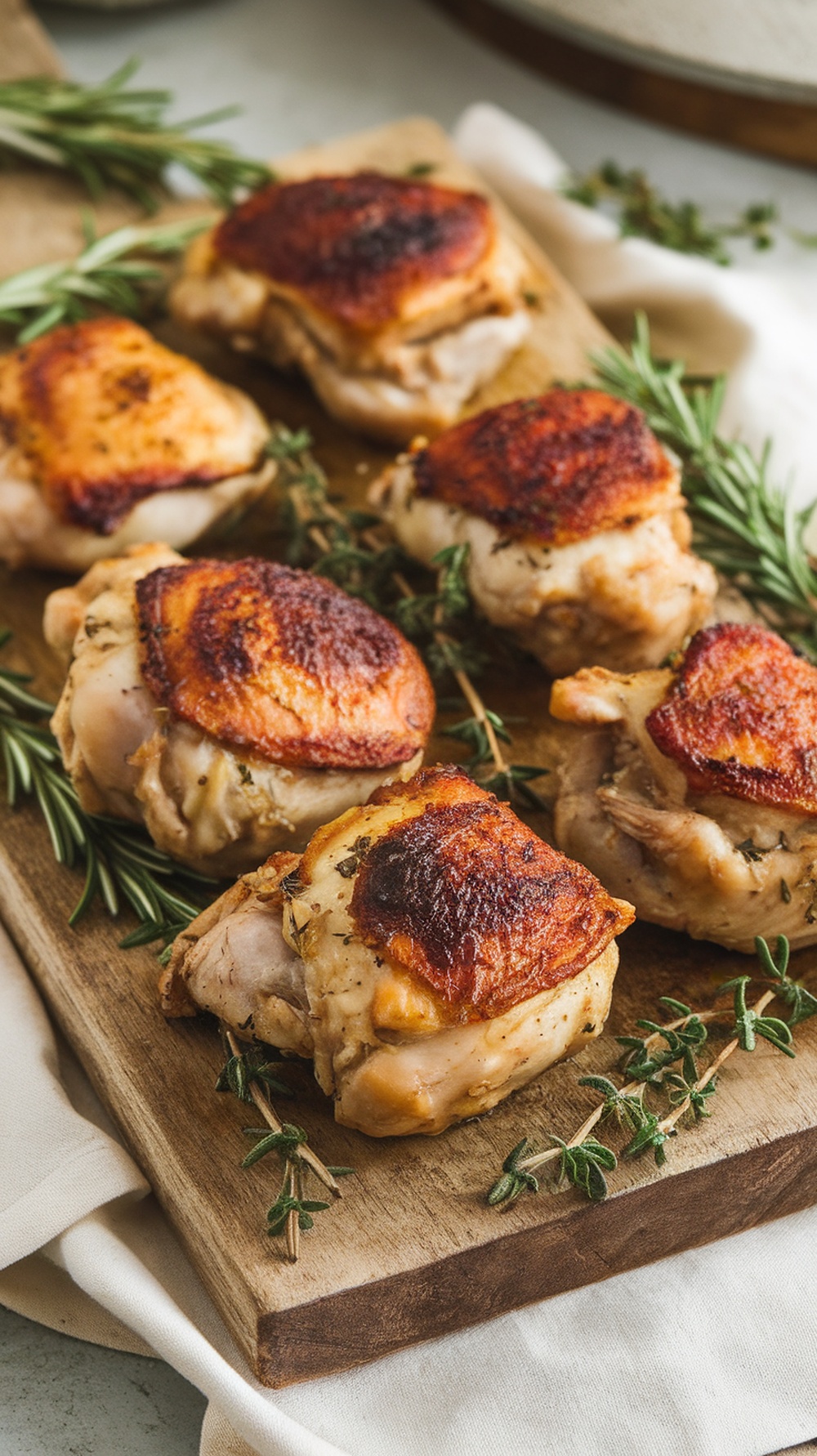 Crispy herb roasted chicken thighs on a wooden platter