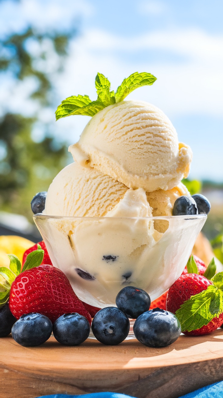 A bowl of creamy vanilla ice cream with caramel sauce garnished with mint and summer fruits.