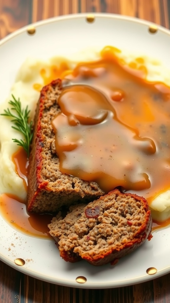 A plate of homestyle meatloaf with gravy and mashed potatoes