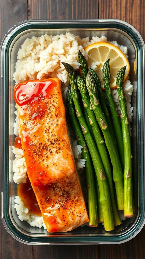 Honey garlic salmon with asparagus and rice in a meal prep container