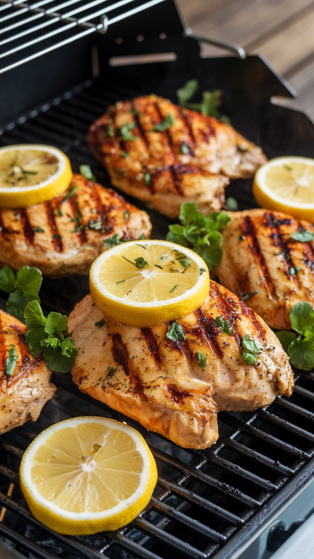 Grilled chicken breasts with lemon slices and herbs on a grill