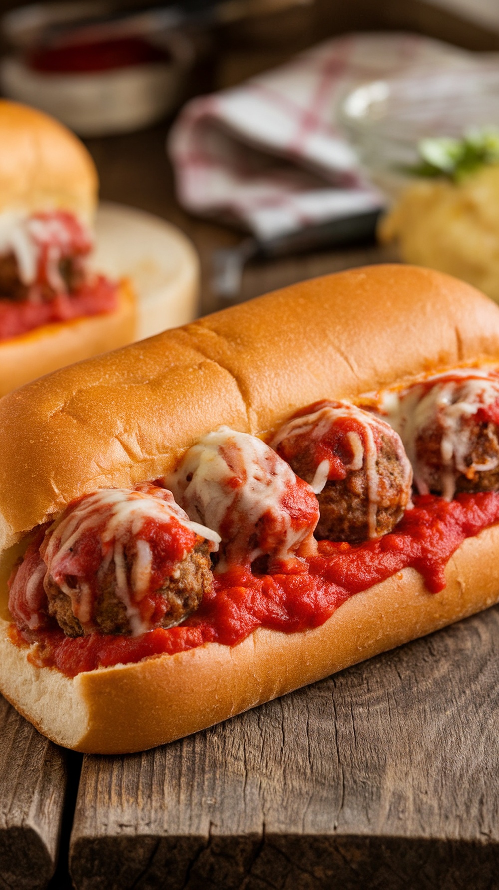 Italian meatball sub with marinara sauce and melted cheese on a wooden table