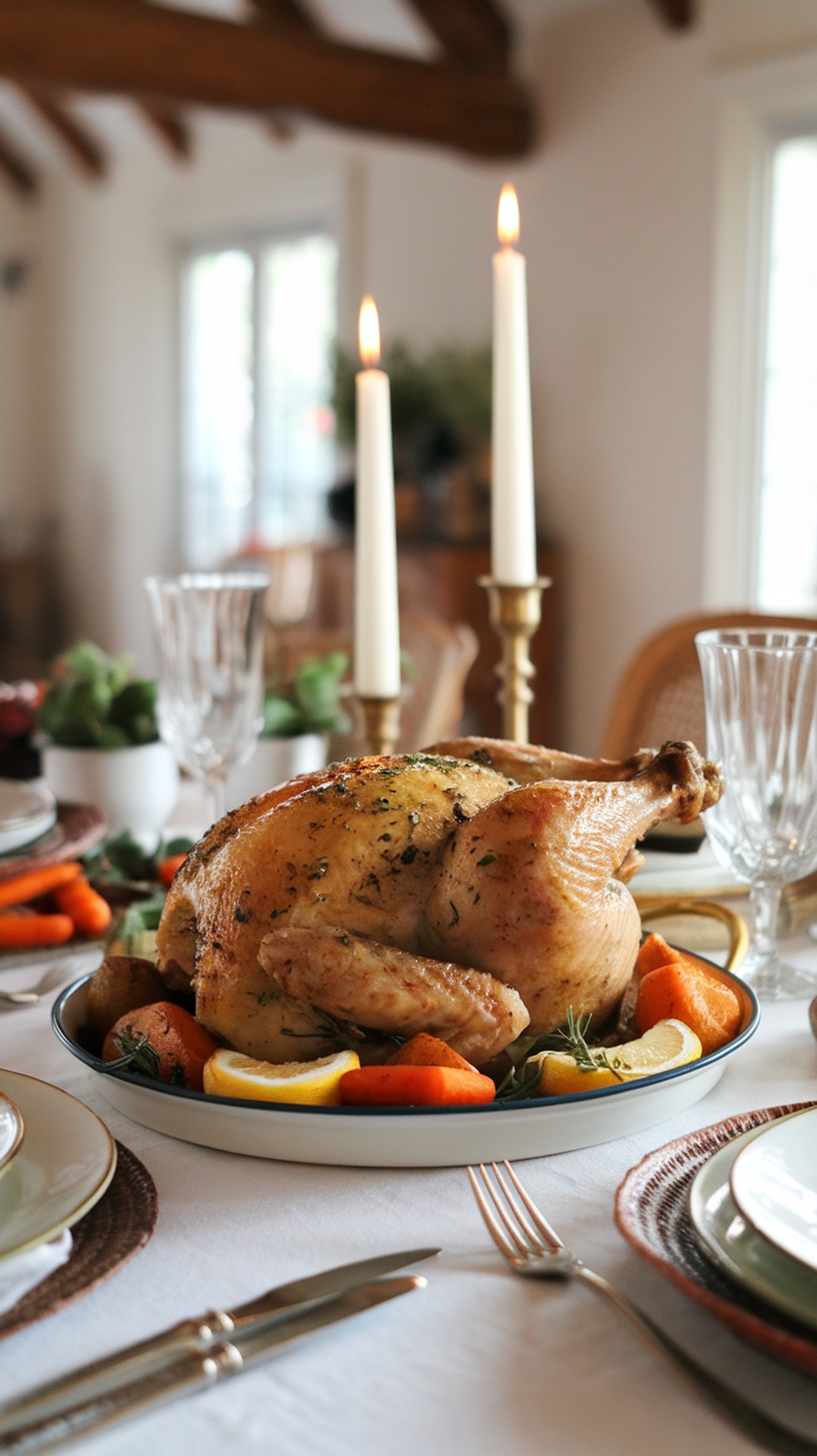A beautifully roasted lemon garlic chicken surrounded by root vegetables on a dining table.