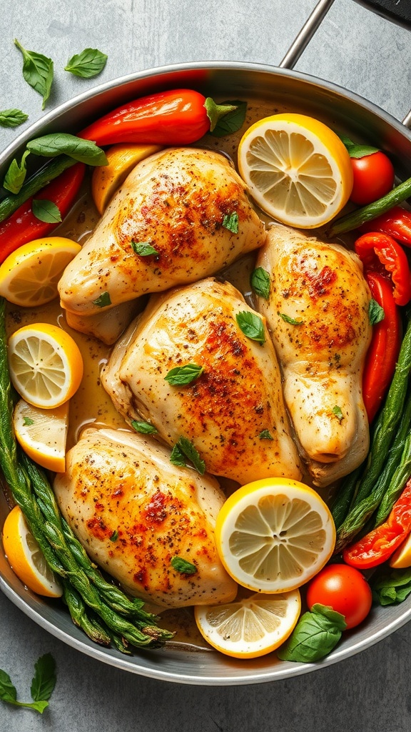 One-Pan Lemon Garlic Chicken with vegetables and lemon slices in a skillet.