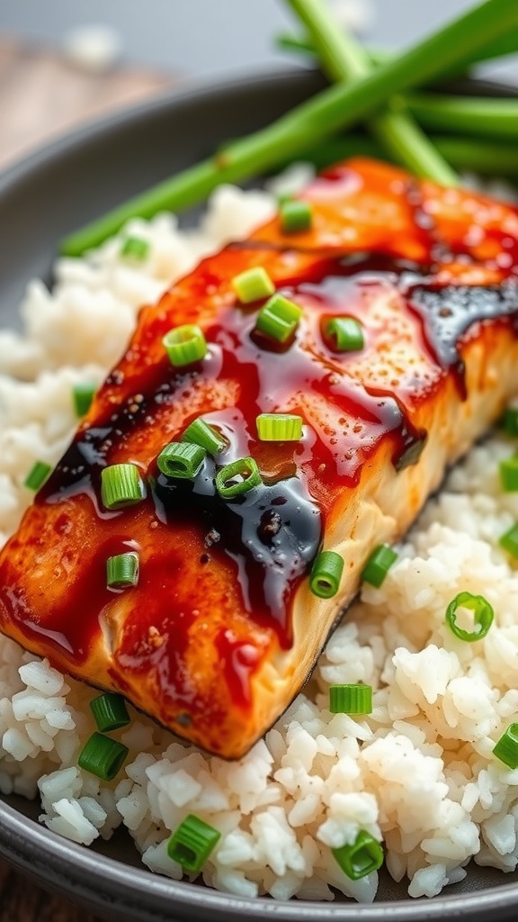 Oven-baked teriyaki salmon on a plate with rice and garnished with green onions.