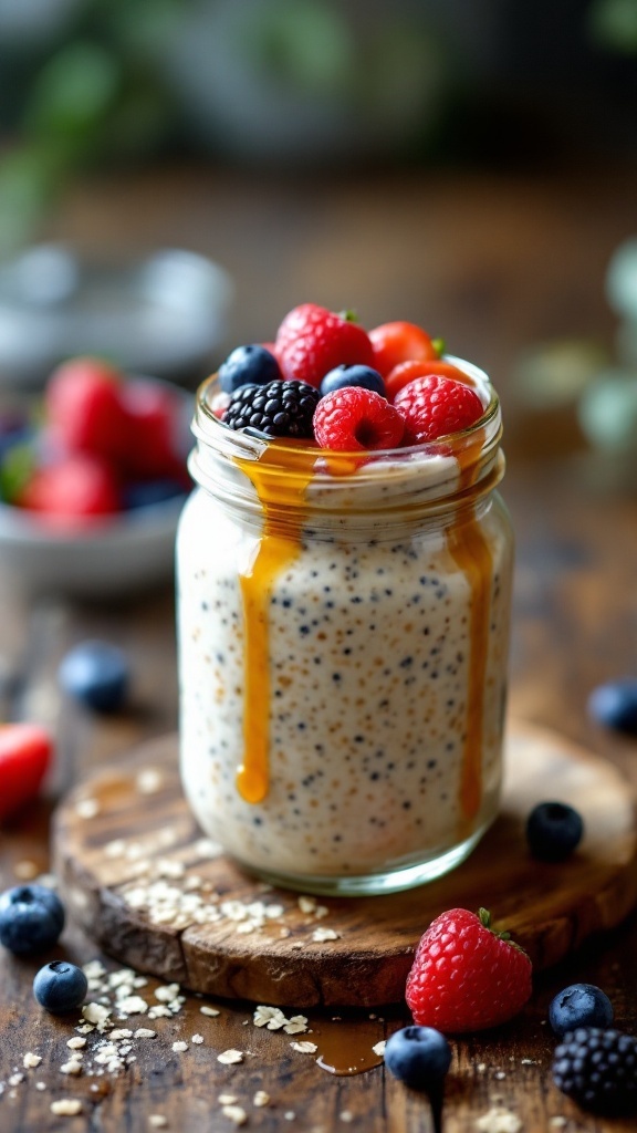 A jar of overnight oats topped with fresh raspberries and blueberries, surrounded by more berries and a wooden spoon.