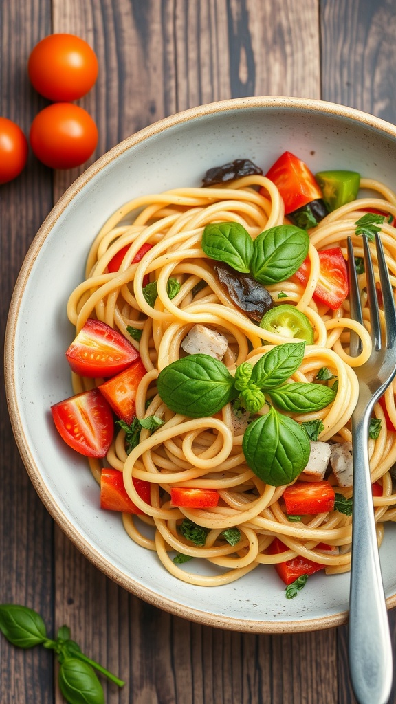 A bowl of Pasta Primavera featuring spaghetti, fresh vegetables, and basil leaves.