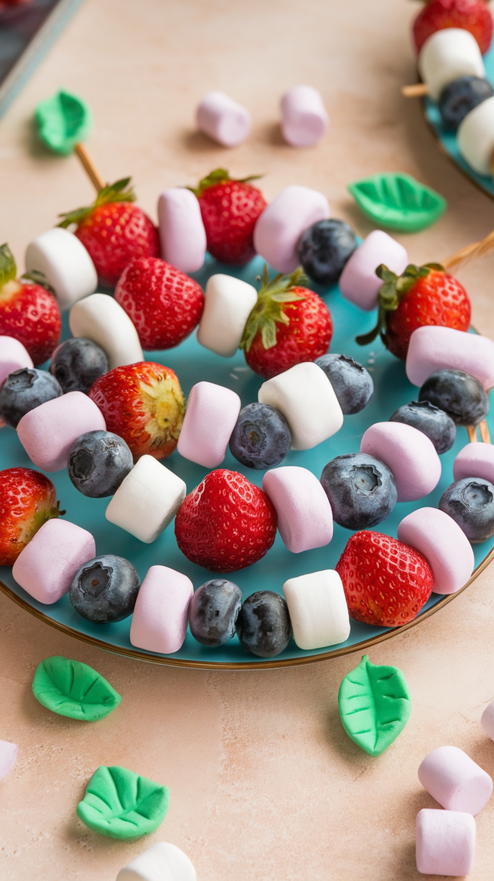 A colorful plate of fruit kabobs featuring strawberries, blueberries, and marshmallows arranged in a festive pattern.