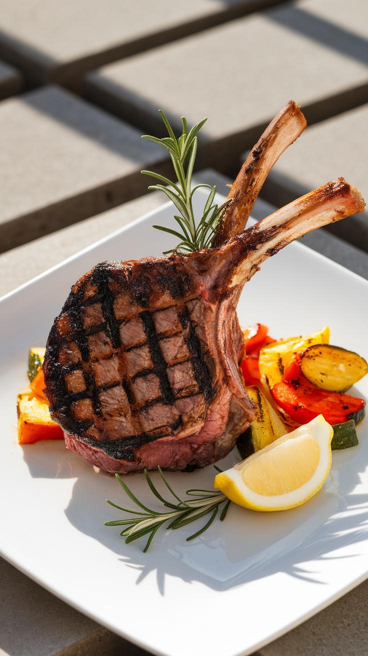 Grilled lamb chop garnished with rosemary, served with roasted vegetables and lemon wedge, on a sunny patio.