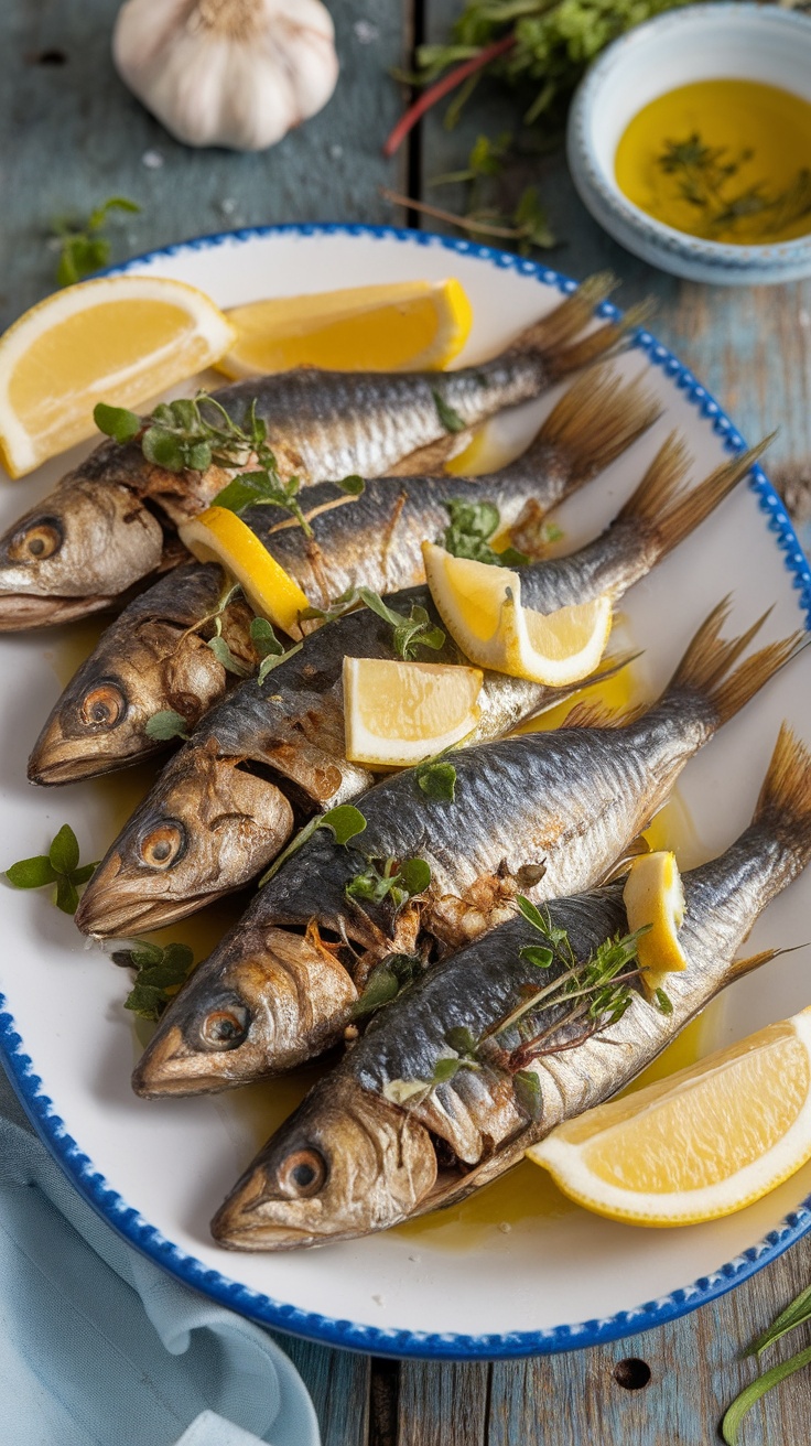 Roasted sardines with garlic and herbs on a rustic platter, garnished with lemon slices and herbs.