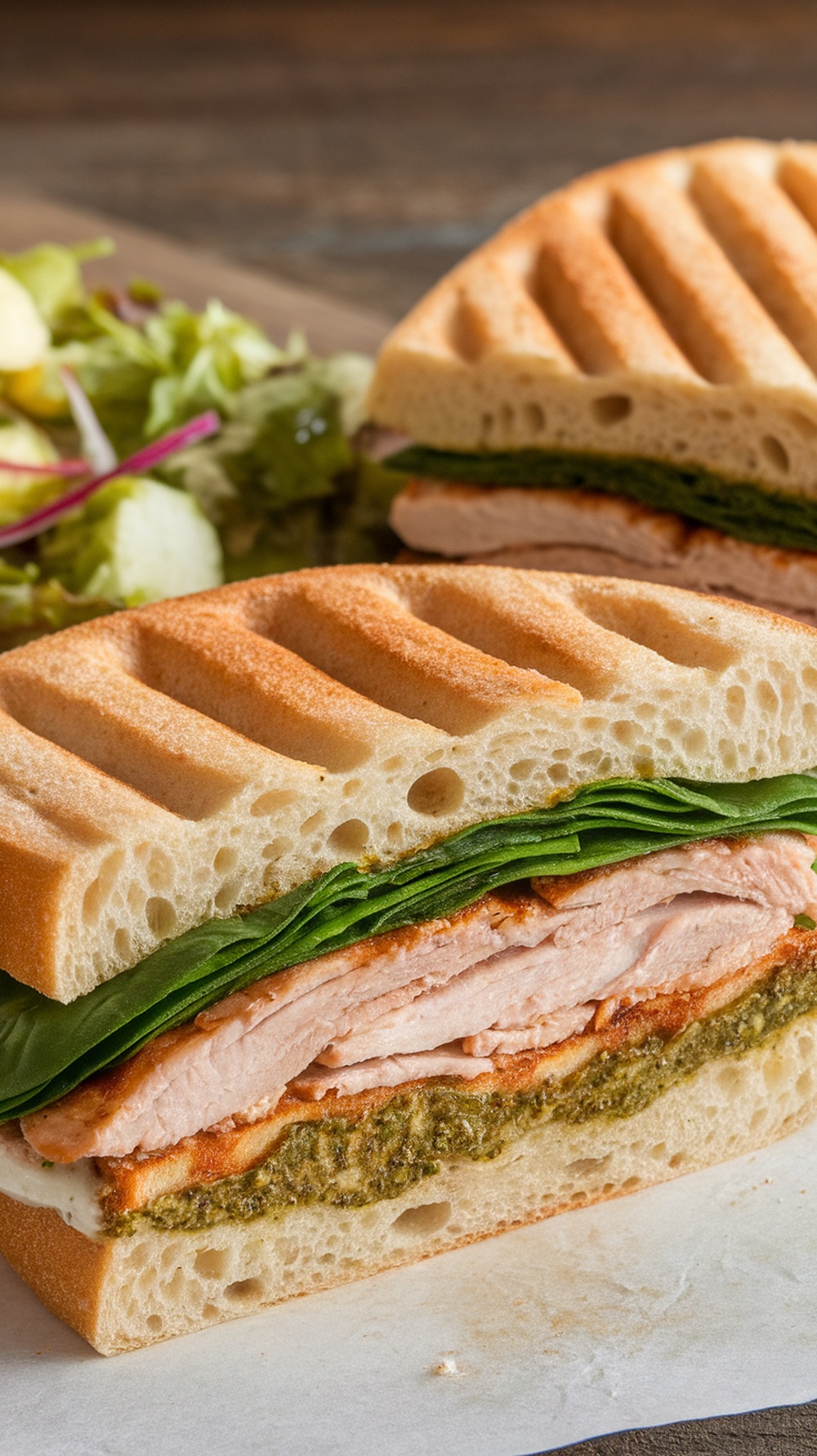 A mouthwatering pesto chicken sandwich with spinach, showcasing layers of chicken and fresh greens.
