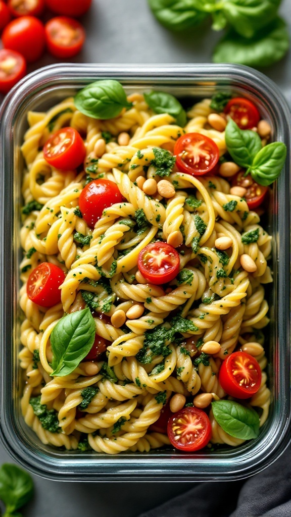 A container of pesto pasta with cherry tomatoes, topped with nuts and fresh basil leaves.