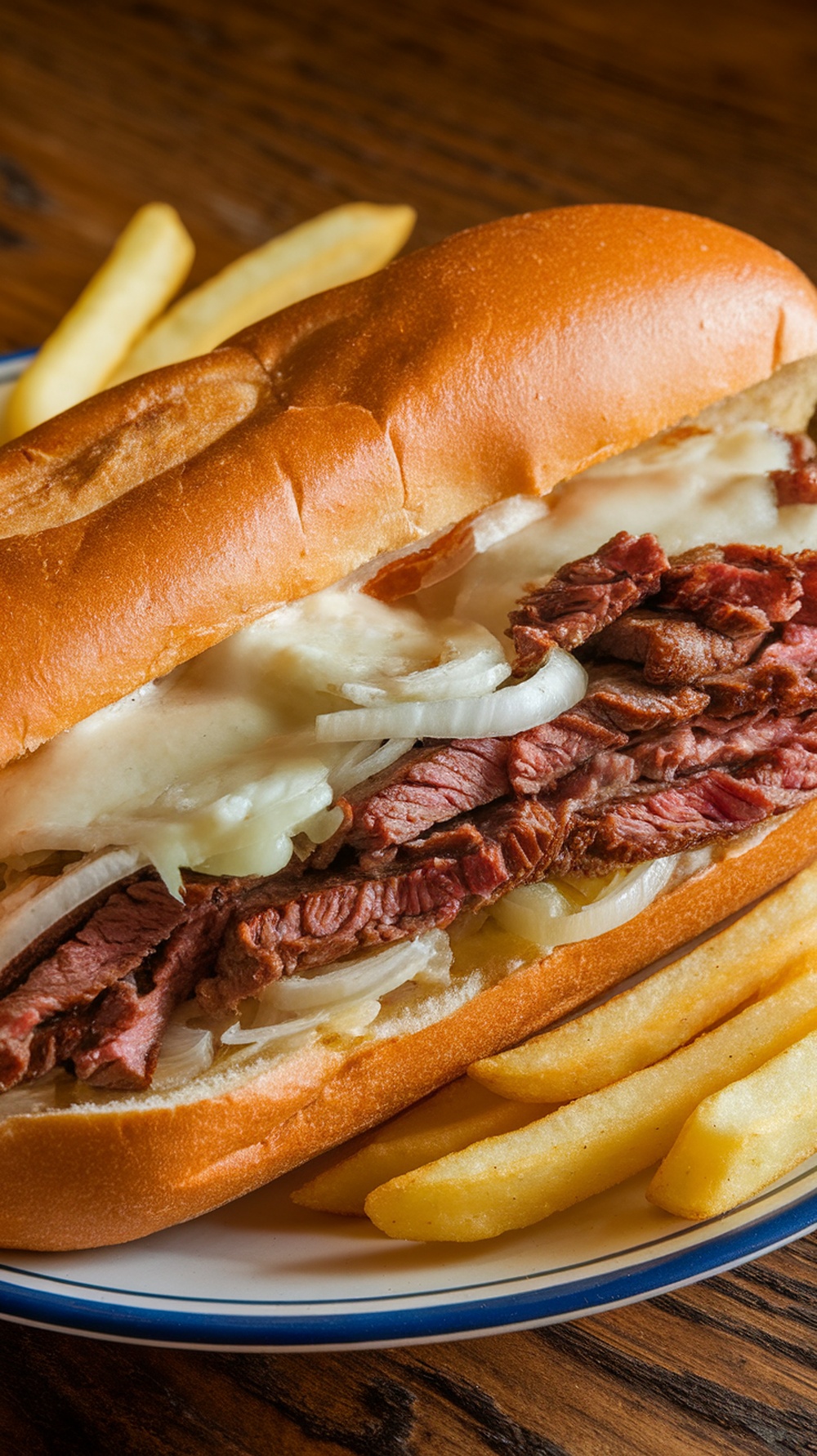 A delicious Philly cheesesteak sandwich with onions and fries.