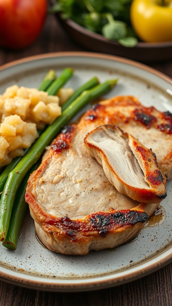 A plate of pork chops with applesauce, green beans, and an apple in the background.
