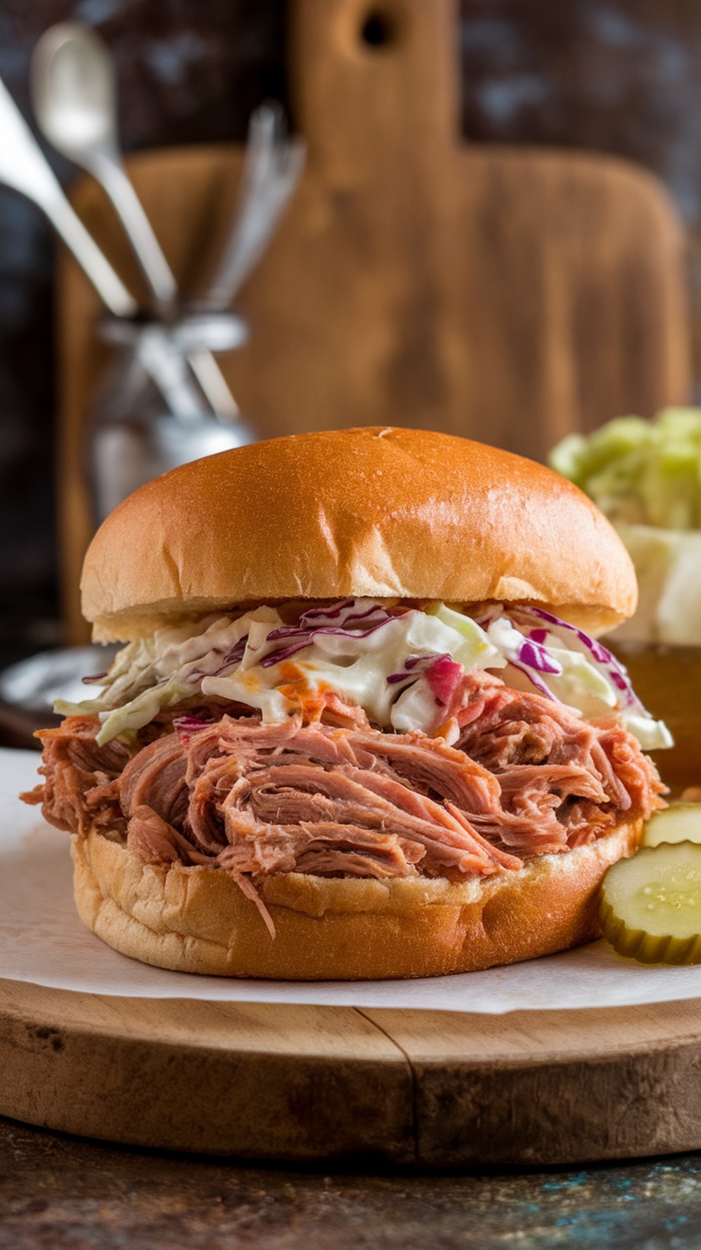 Pulled pork sandwich with coleslaw on a wooden cutting board