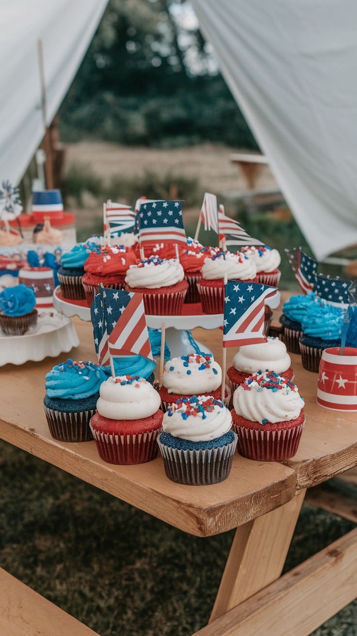 A vibrant picnic table with red, white, and blue cupcakes in a grassy field.