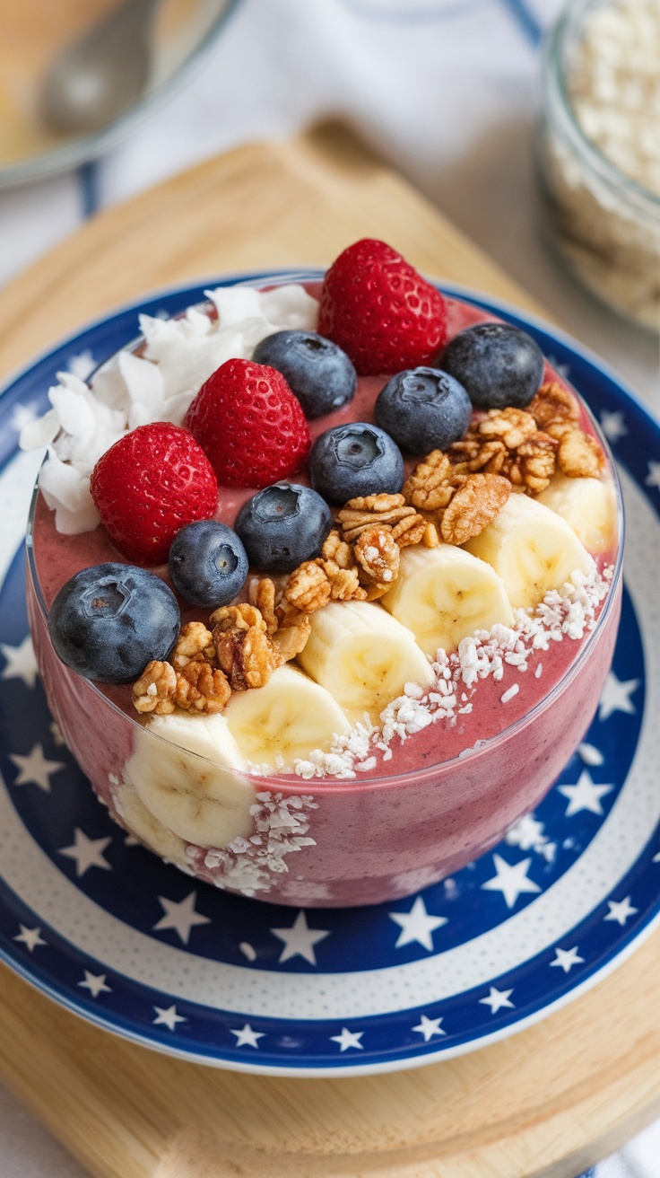 A vibrant red, white, and blue smoothie bowl topped with raspberries, blueberries, granola, and coconut.