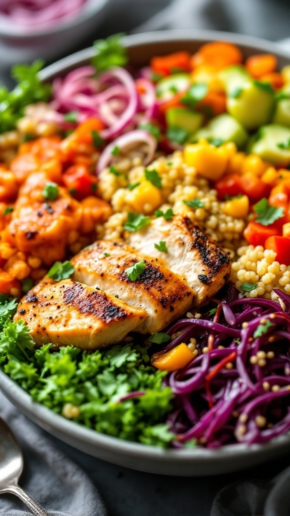 A bowl of quinoa topped with sliced chicken, cherry tomatoes, and fresh cilantro.