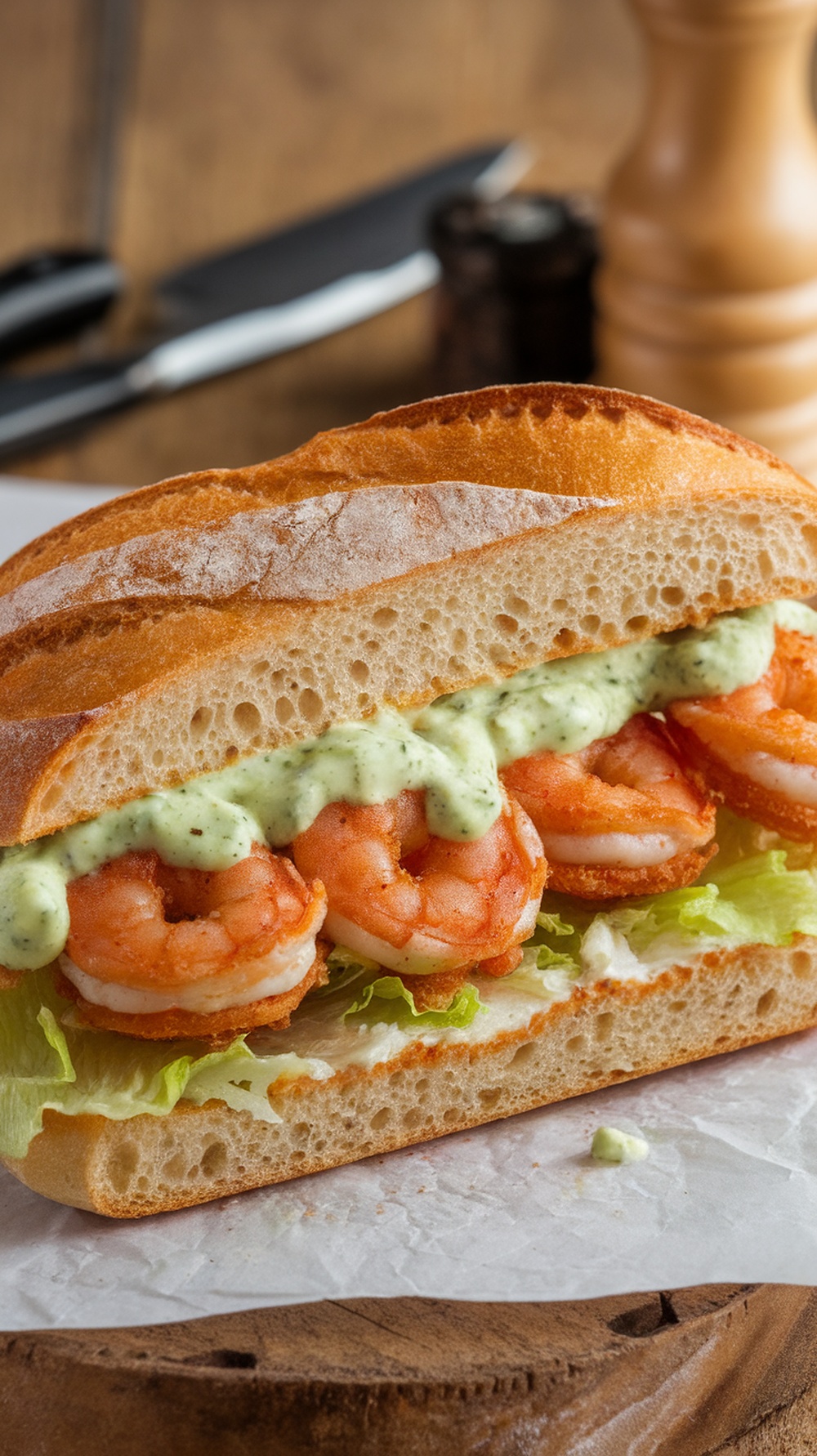 Close-up of a shrimp po' boy sandwich with remoulade sauce in a baguette.