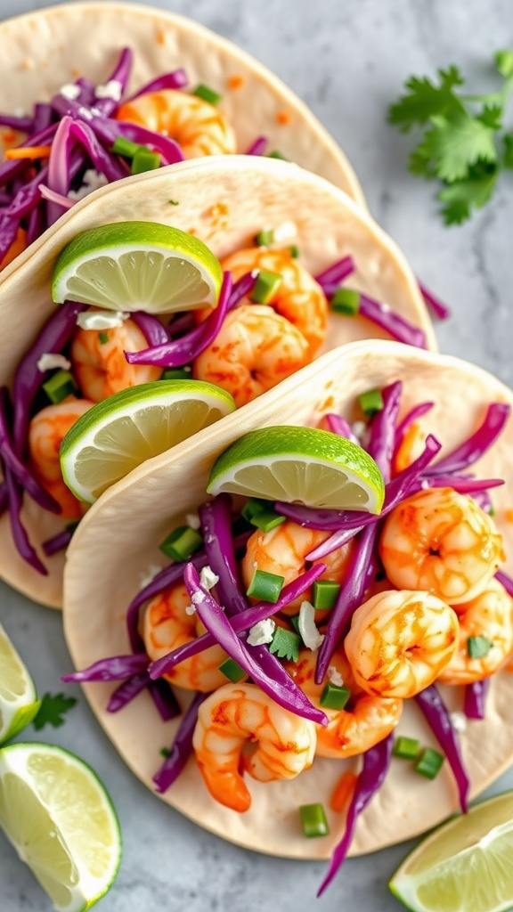 Shrimp tacos with cabbage slaw, garnished with lime slices