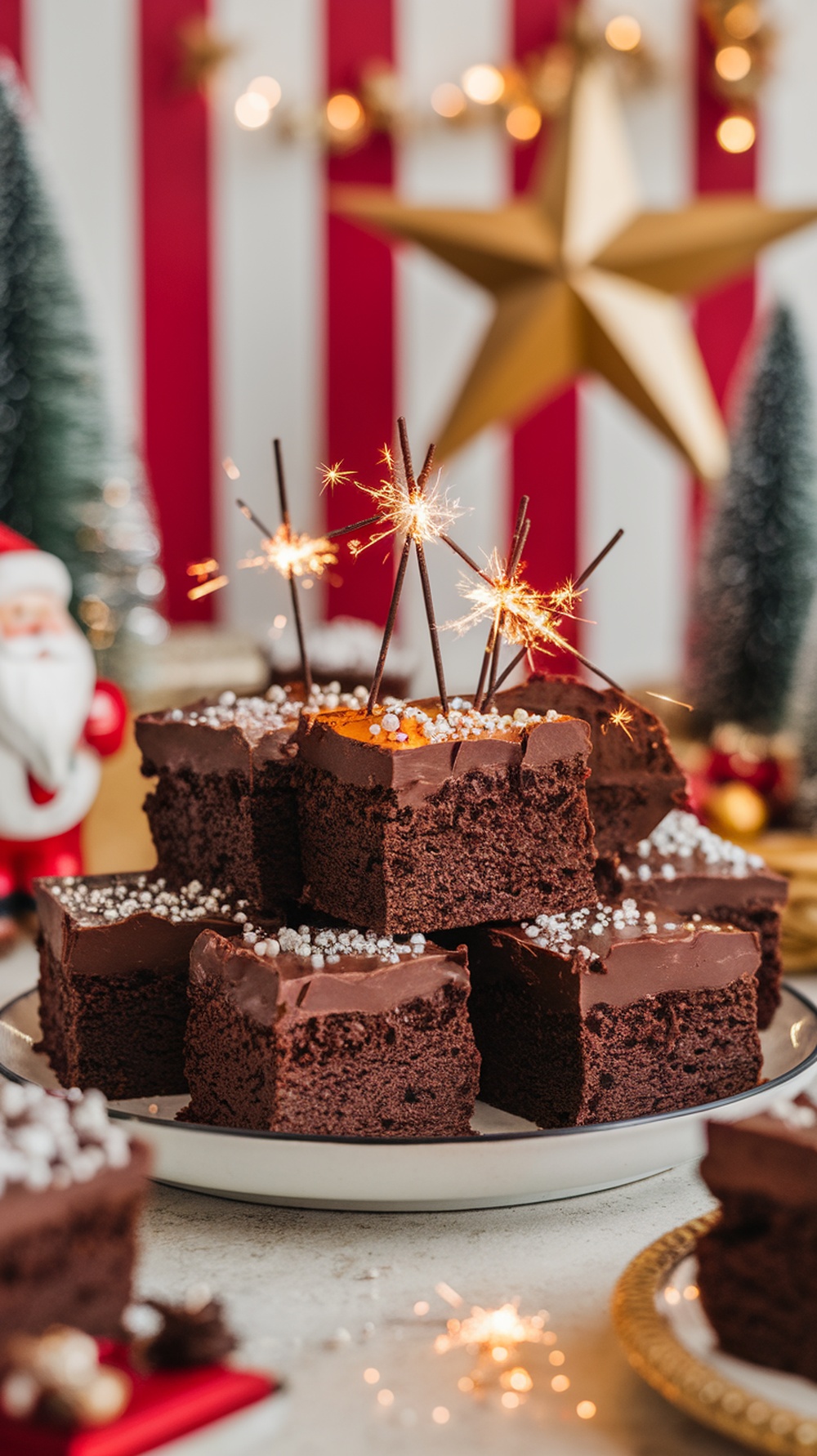 A plate of sparkler brownies with sparklers lit on top, surrounded by festive decorations.