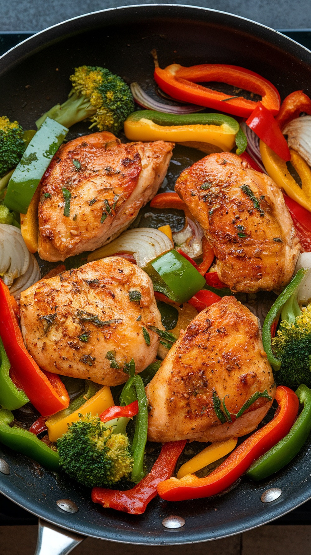 Spicy garlic chicken stir-fry with colorful vegetables in a skillet.