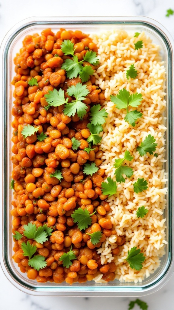 A meal prep container filled with spicy lentils, rice, and garnished with cilantro.