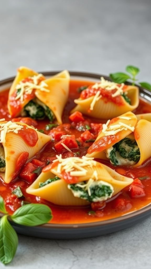 A plate of spinach and ricotta stuffed shells topped with tomato sauce and cheese.