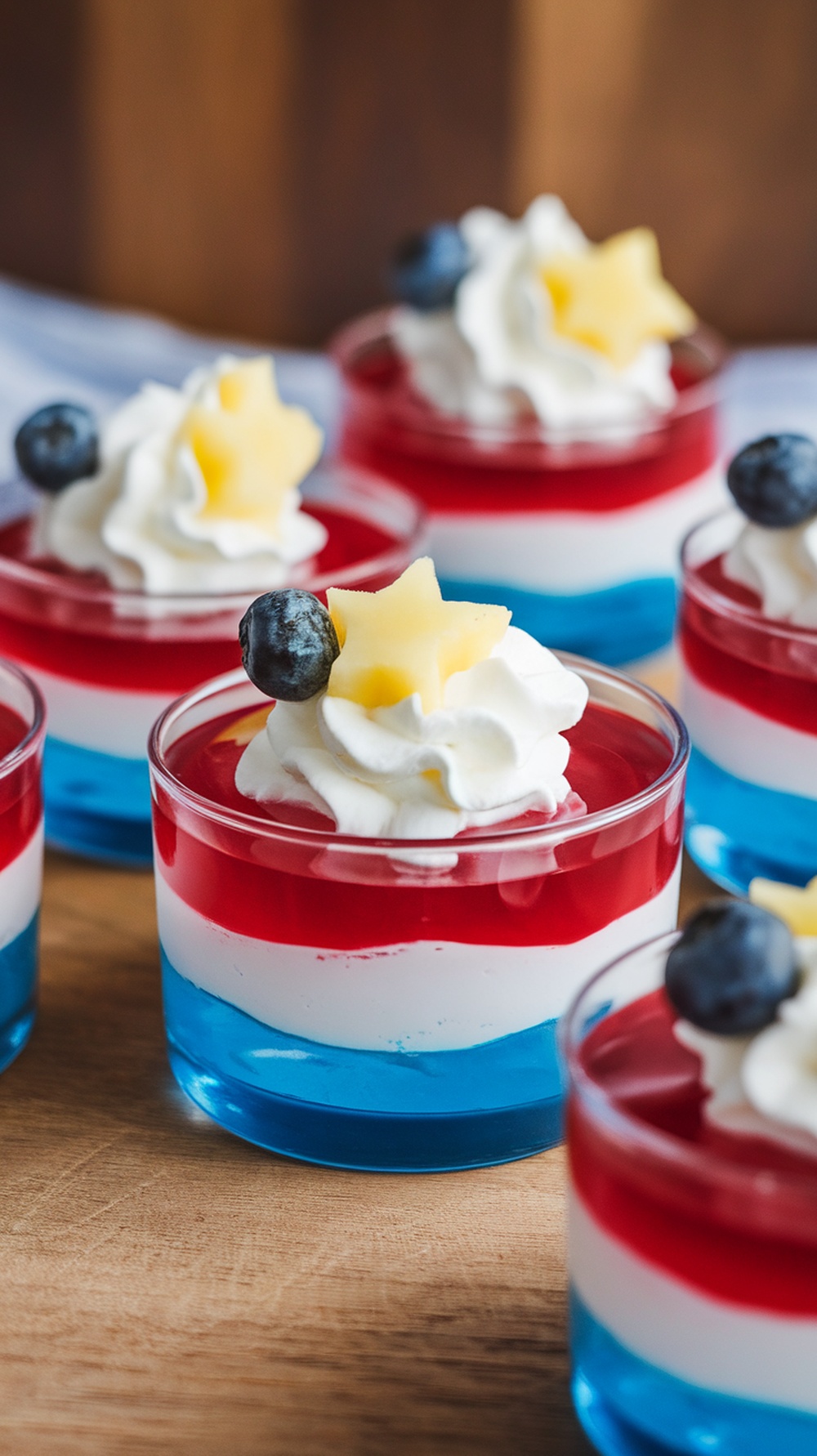 Colorful layered Jello cups with red, white, and blue colors, topped with whipped cream and star-shaped fruit.