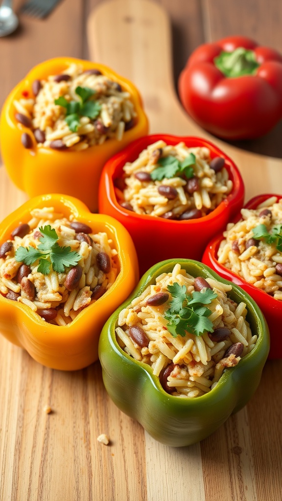 Colorful stuffed bell peppers filled with rice and beans on a wooden cutting board