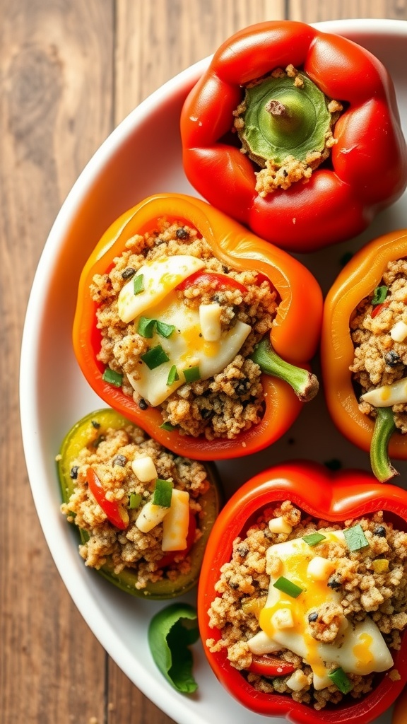 Colorful stuffed bell peppers filled with quinoa, cheese, and vegetables, served on a white plate.