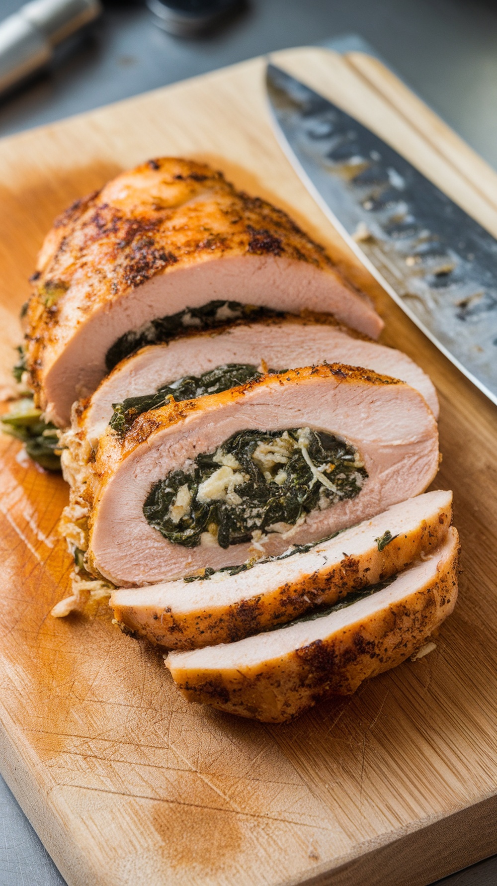Sliced stuffed chicken breast revealing spinach and cheese filling on a wooden cutting board