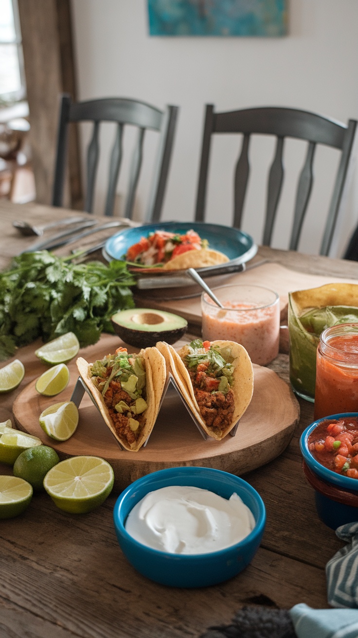A variety of taco ingredients including tortillas, vegetables, cheese, and meat arranged on a wooden table.