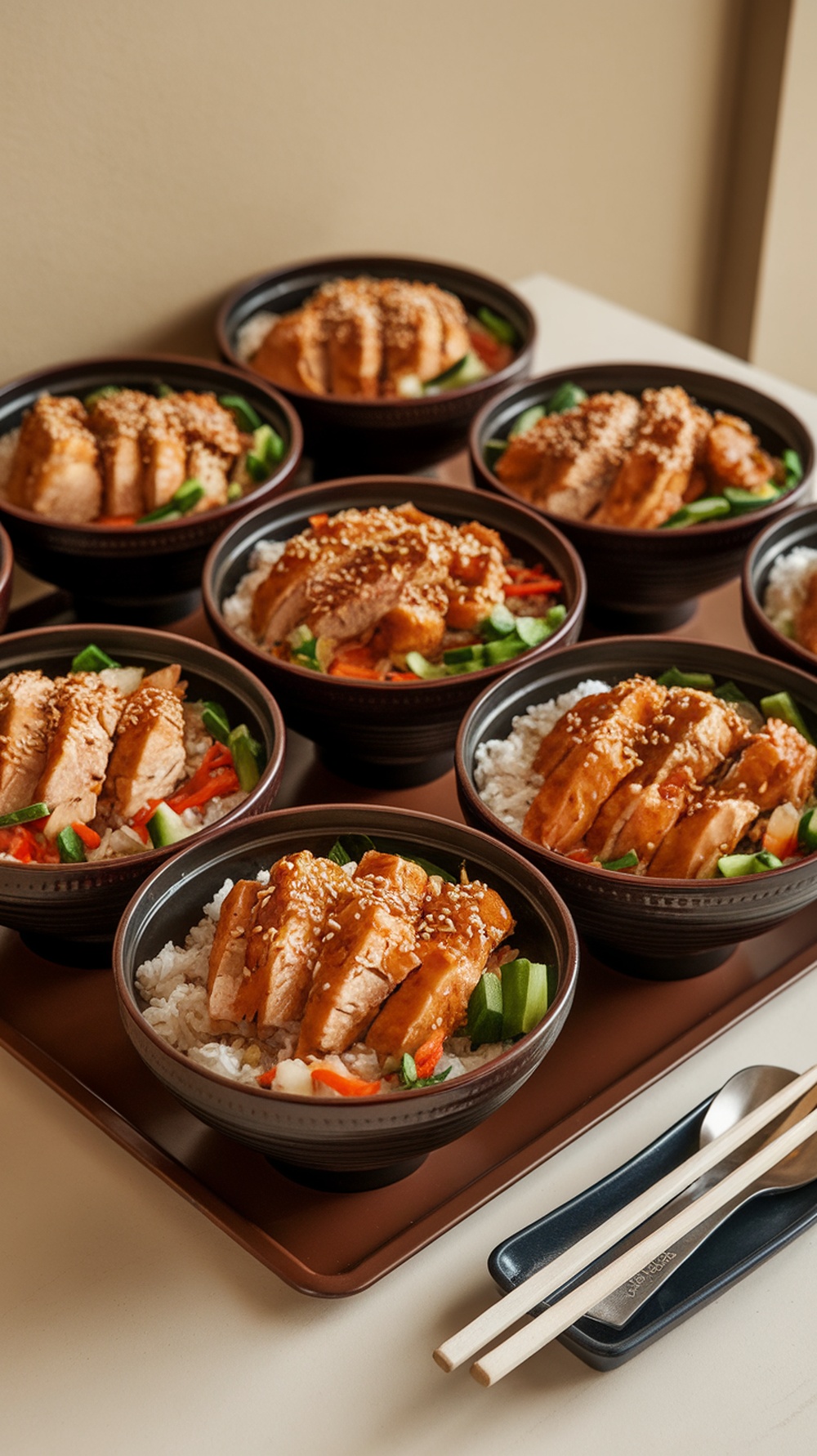 A close-up view of multiple bowls filled with teriyaki chicken, rice, and vegetables, garnished with sesame seeds.