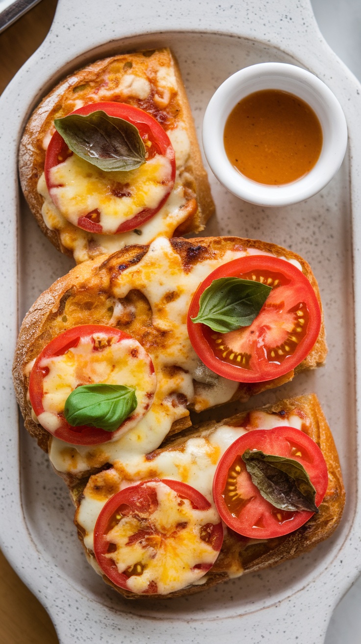 Cheesy garlic bread with tomato topping on a rustic table, garnished with basil leaves.