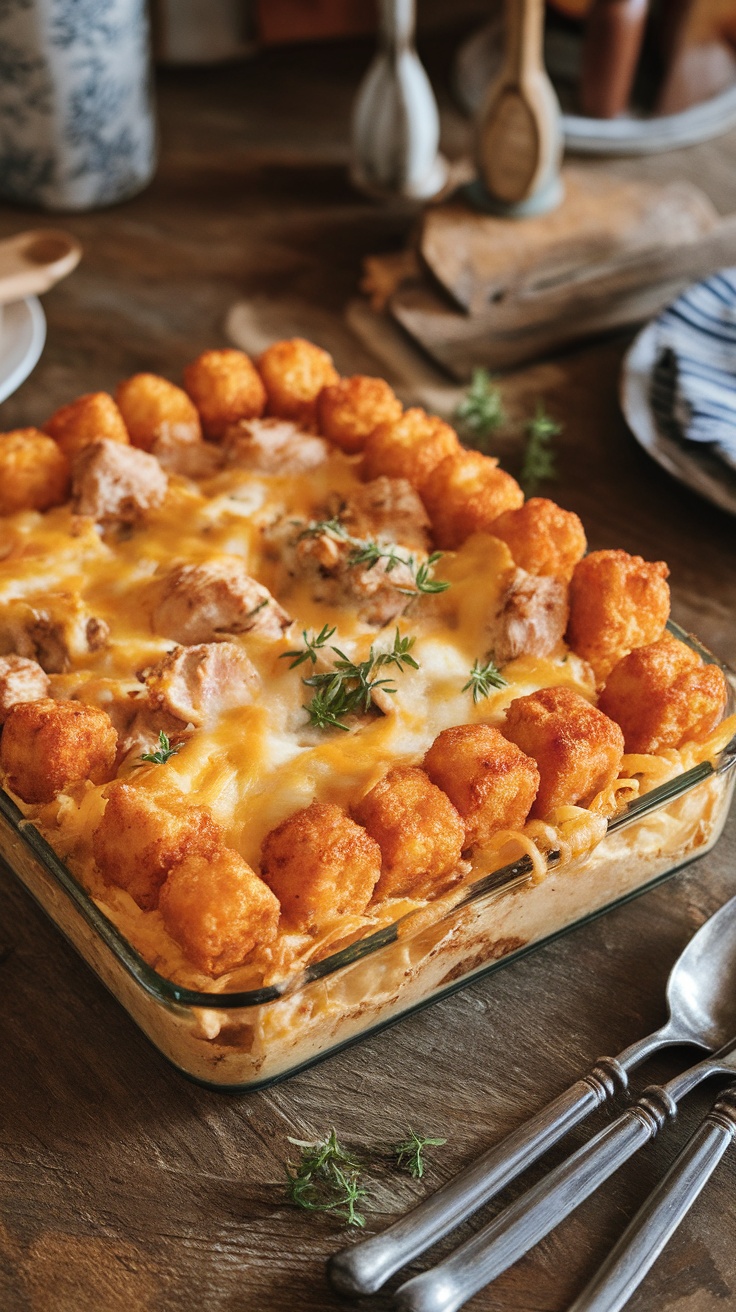 Cheesy chicken tater tot casserole with crispy tater tots and melted cheese, served on a rustic table.