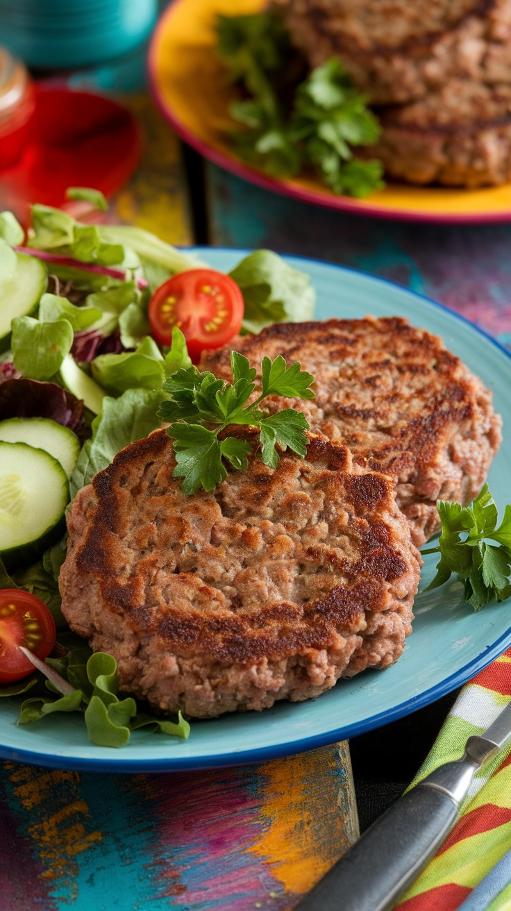 Healthy ground beef patties on a plate with a fresh salad, garnished with parsley.