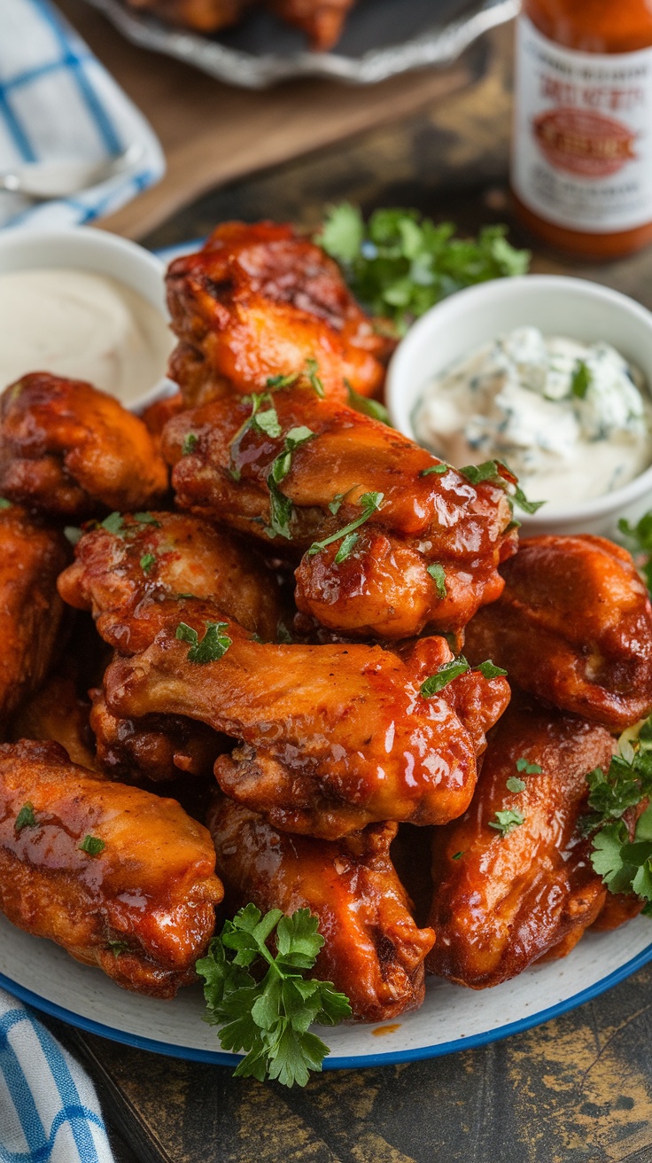 A close-up of crispy smoked chicken wings on a wooden platter with dipping sauces.