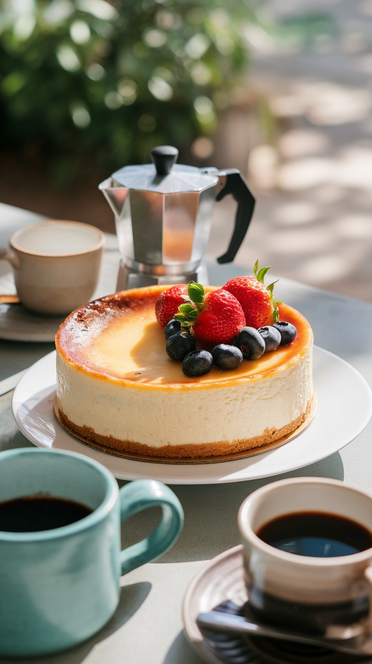 A rich American cheesecake topped with berries on a white plate, showcasing its creamy texture and graham cracker crust.