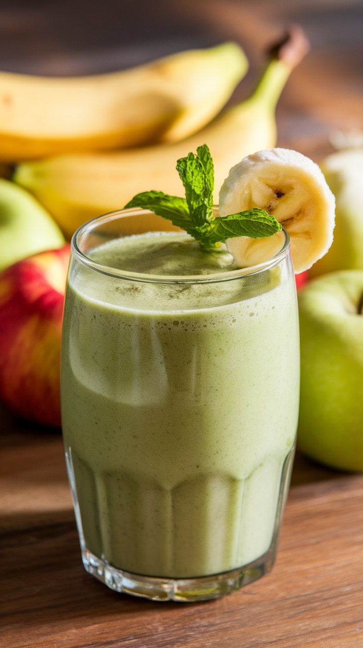 A green smoothie in a glass with banana slice and mint, surrounded by fresh fruits on a wooden table.