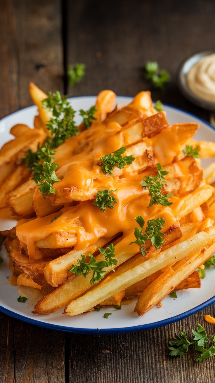 Crispy baked sweet potato fries topped with melted cheddar cheese, garnished with parsley, and served with a dipping sauce.