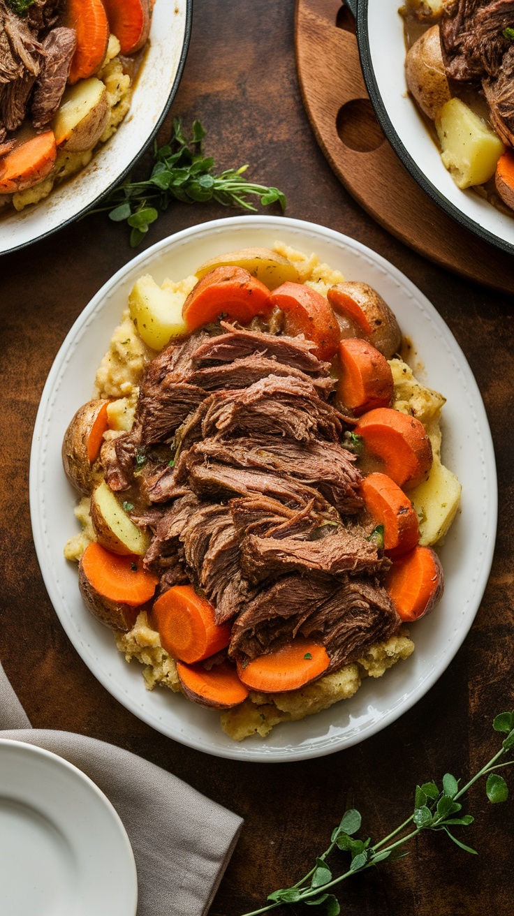 Tender sliced pot roast with carrots and potatoes in gravy on a rustic dining table.