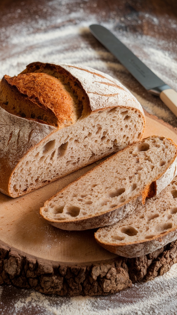 A crusty loaf of sourdough bread with a golden crust and soft interior on a wooden board.