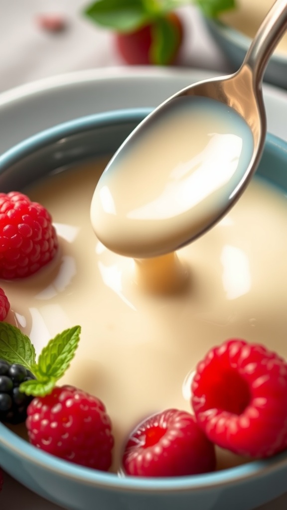 Rich vanilla sauce in a bowl, drizzled over vanilla cake, with fresh berries on the side.
