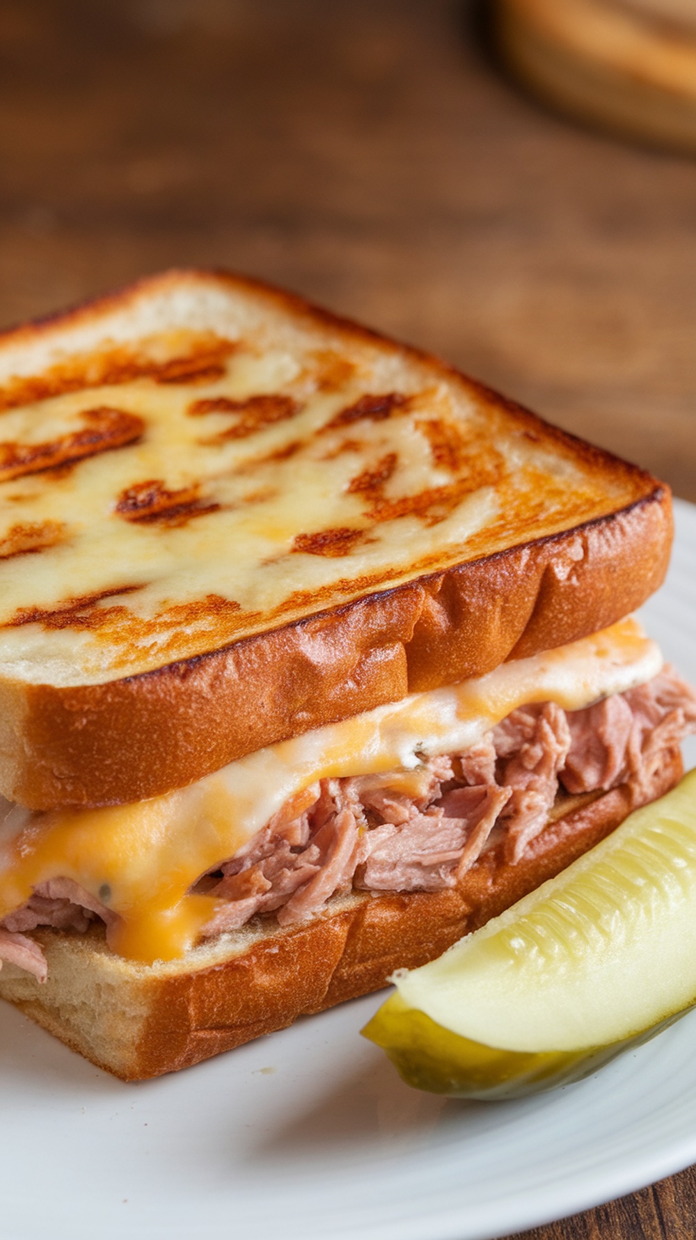 A close-up of a tuna melt sandwich with cheese and a pickle on the side.