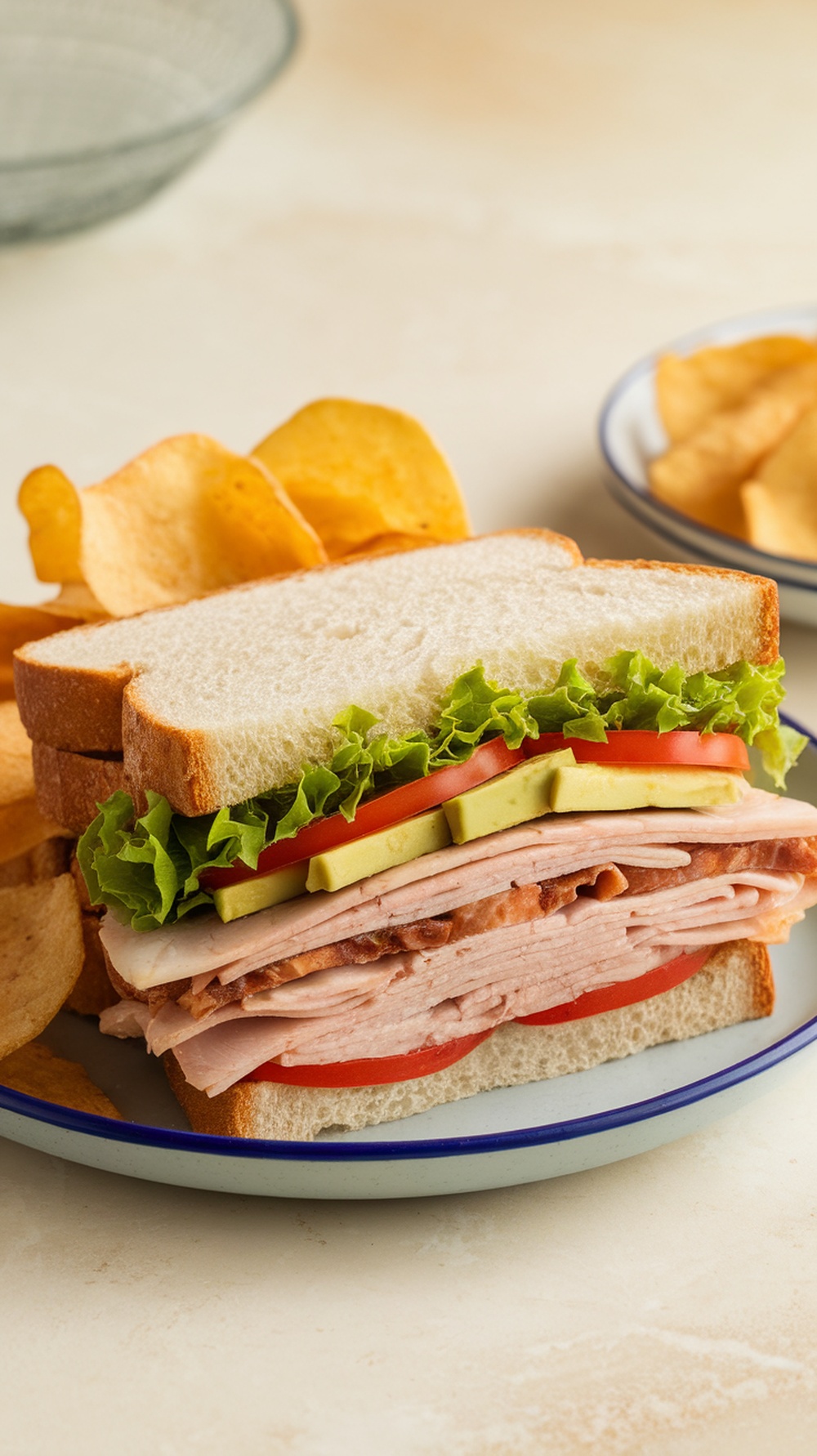A turkey club sandwich with avocado, lettuce, and tomato, served with chips on the side.