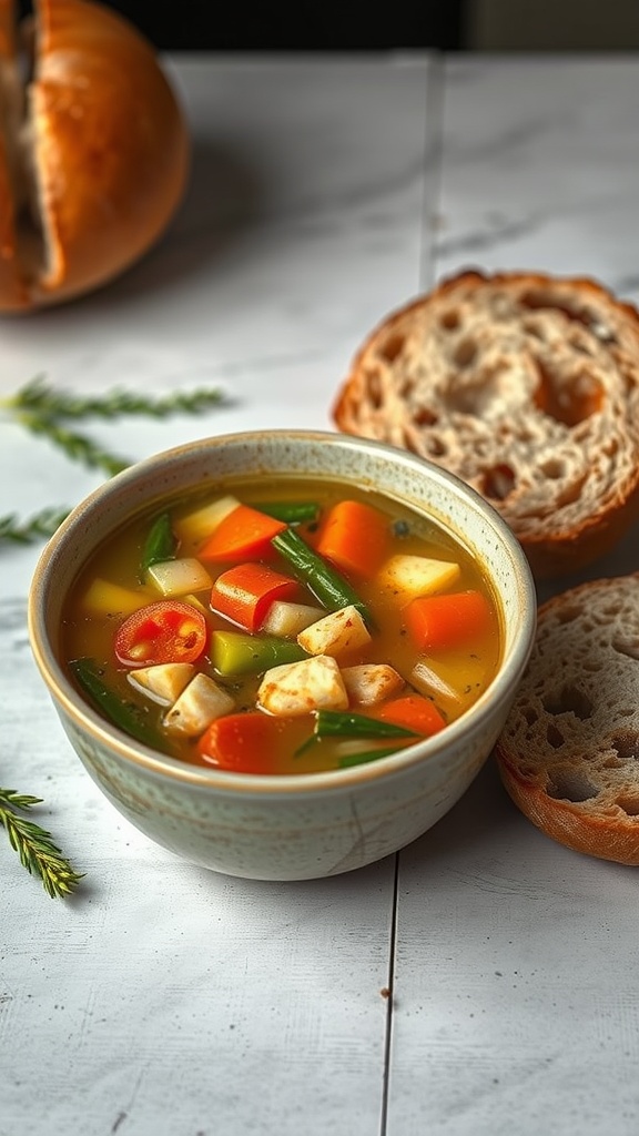 A bowl of vegetable soup with colorful vegetables and crusty bread on the side.